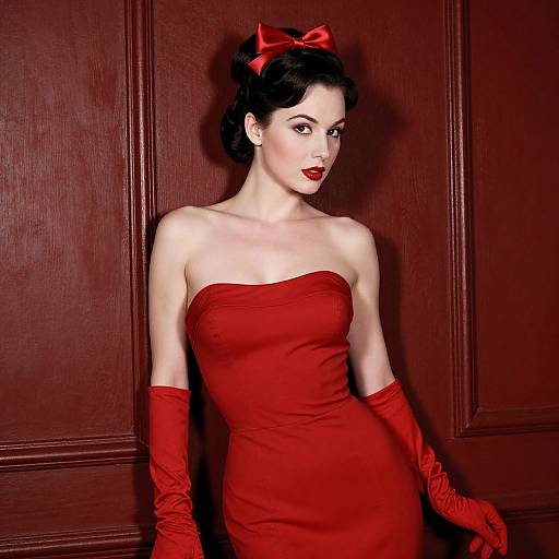 Vintage Pin-Up Woman in Red Strapless Dress and Gloves