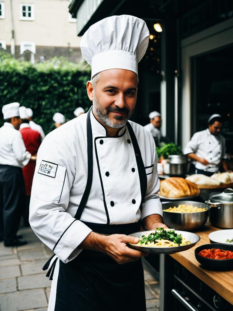 Man in Chef Costume Photorealistic Outdoor Portrait in Natural Daylight
