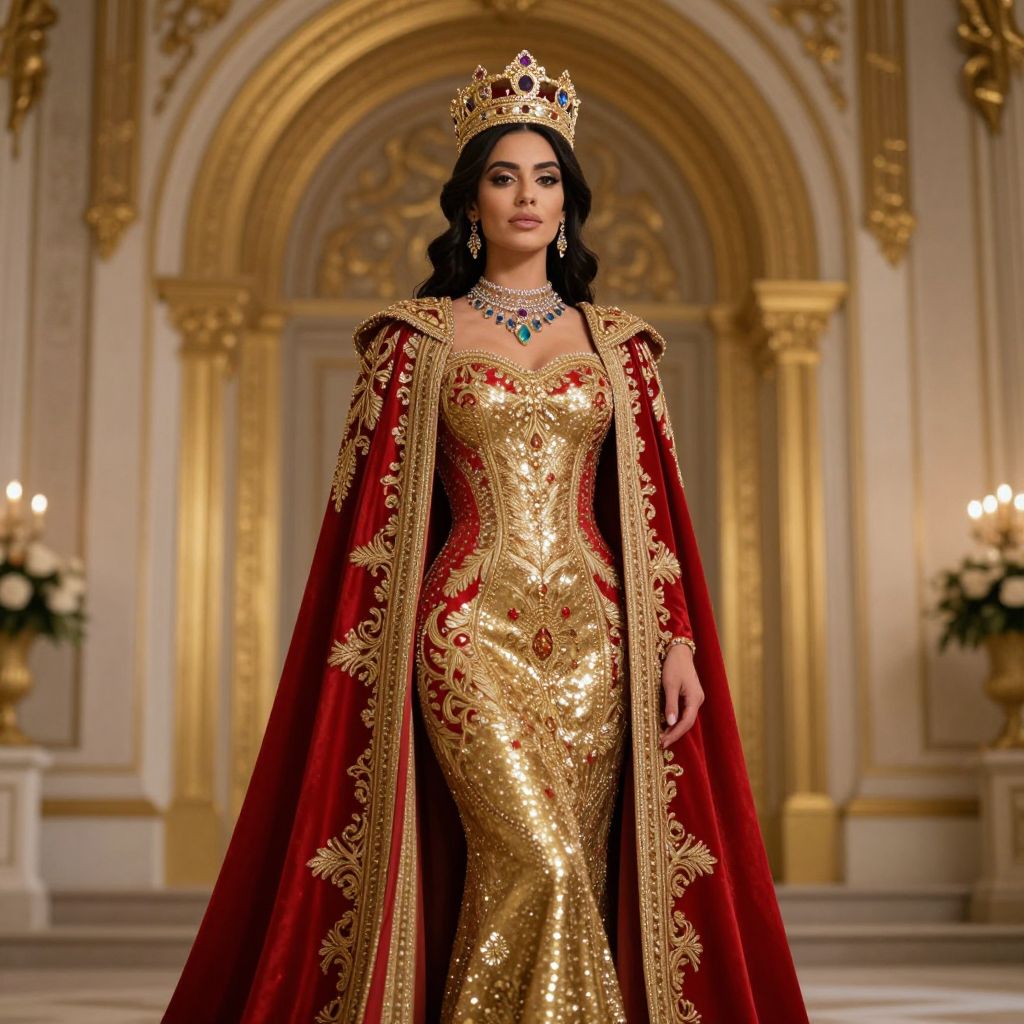 Regal Woman in Gold Sequin Gown with Red Embroidered Cape and Crown