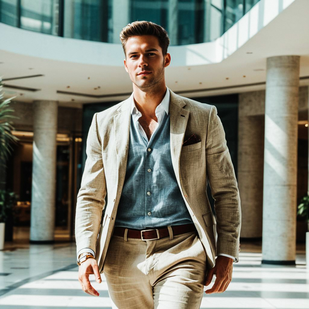 Confident Man in Beige Suit in Modern Office