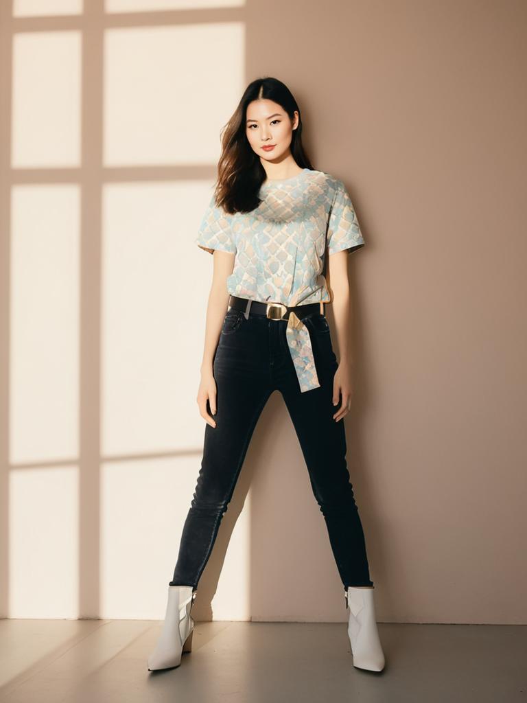 Woman Casual Chic Outfit With Patterned T-Shirt and Skinny Jeans