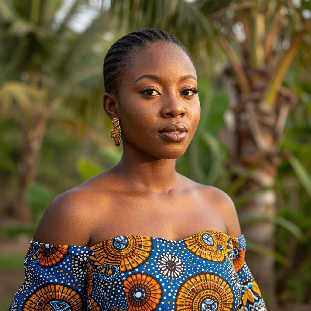 Portrait of Woman in Traditional African Pattern Dress Outdoors