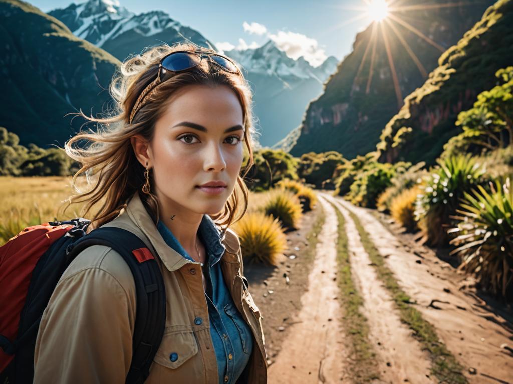 Woman with Backpack on Dirt Path at Sunset