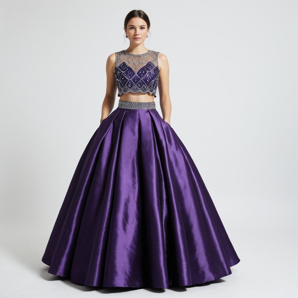 Elegant Woman in Purple Two-Piece Formal Ball Gown with Beaded Crop Top