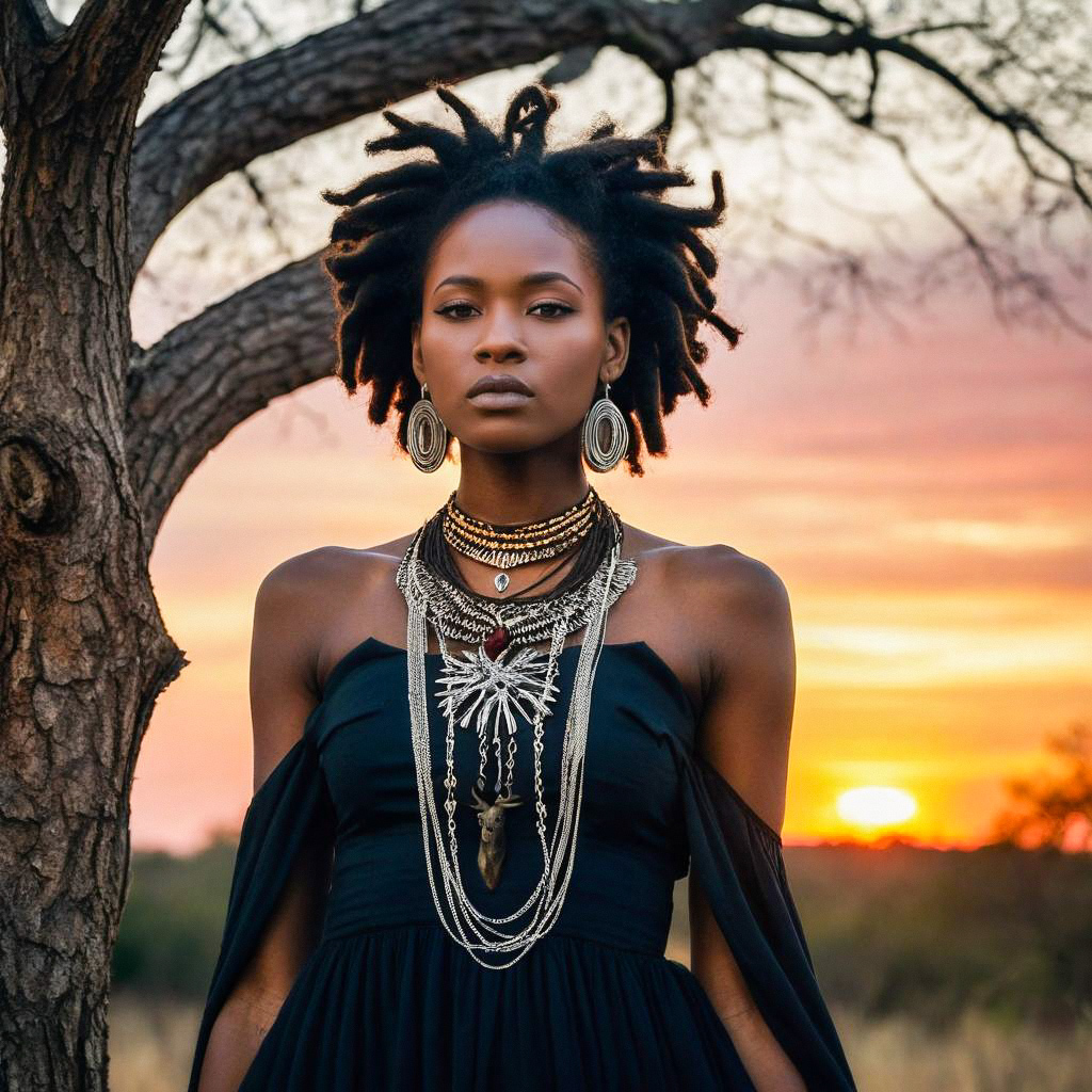 Confident Woman in Black Dress at Sunset