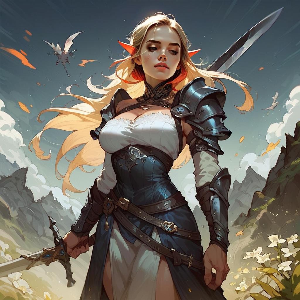 Fantasy Elven Woman Warrior with Sword in Anime Style