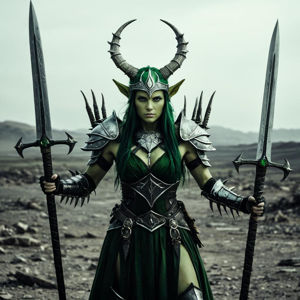 Fantasy Female Warrior in Horned Armor Holding Dual Swords in Desolate Landscape