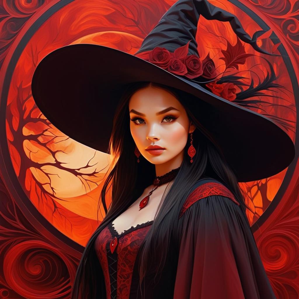 Witch Portrait with Red Roses and Mystical Background Witch Portrait with Red Roses and Mystical Background