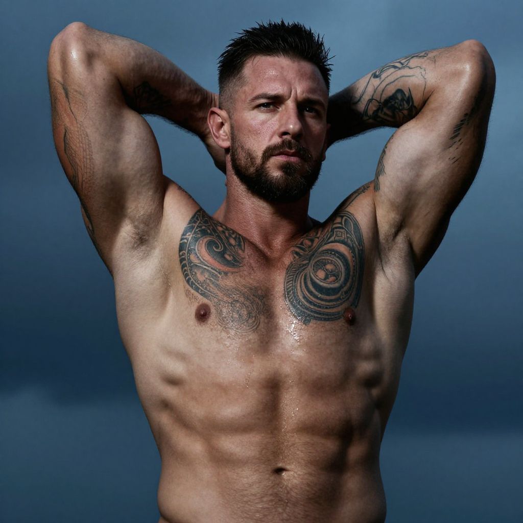 Muscular Tattooed Man Posing with Hands Behind Head
