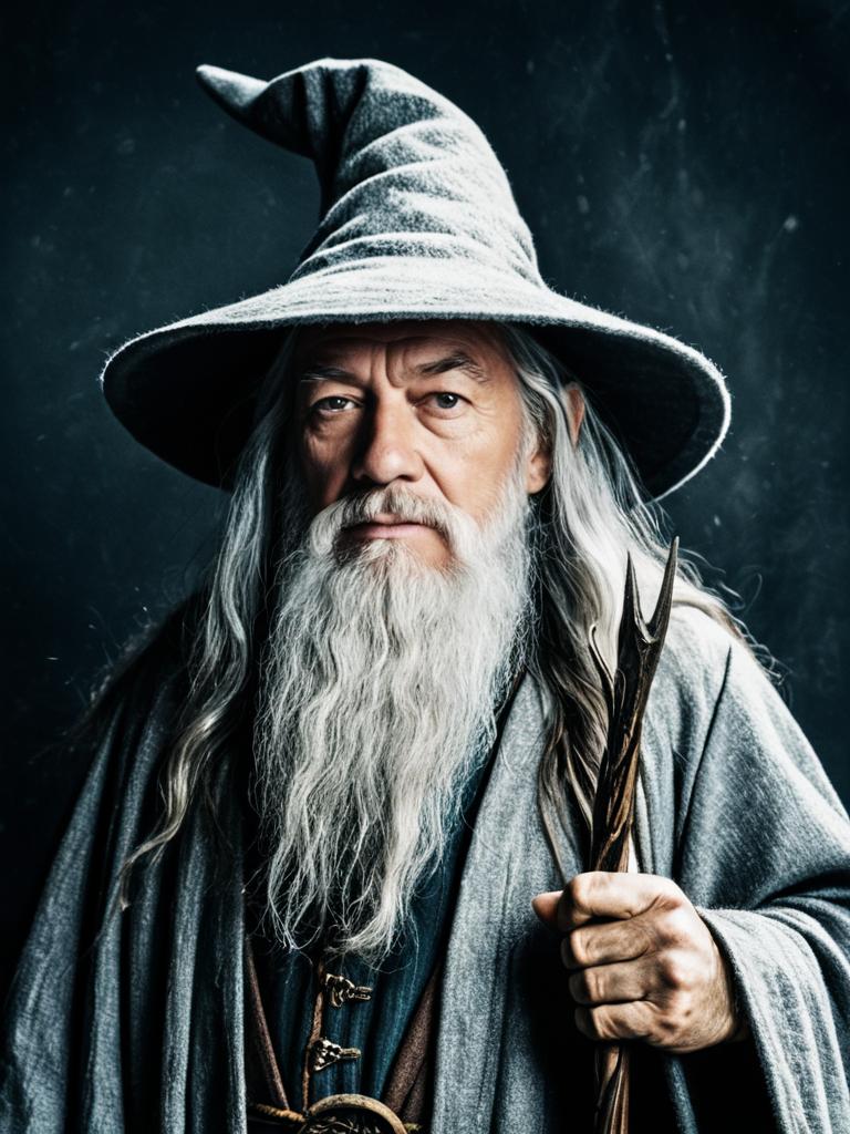 Man in Gandalf Costume Cinematic Realism Heroic Wizard Studio Portrait