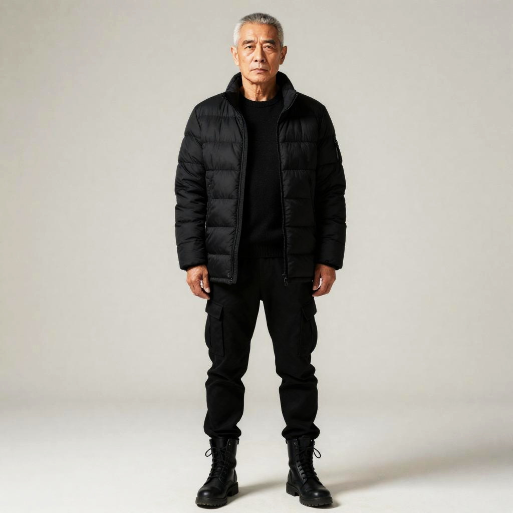 Modern Urban Style Mature Man Wearing Black Puffer Jacket and Cargo Pants