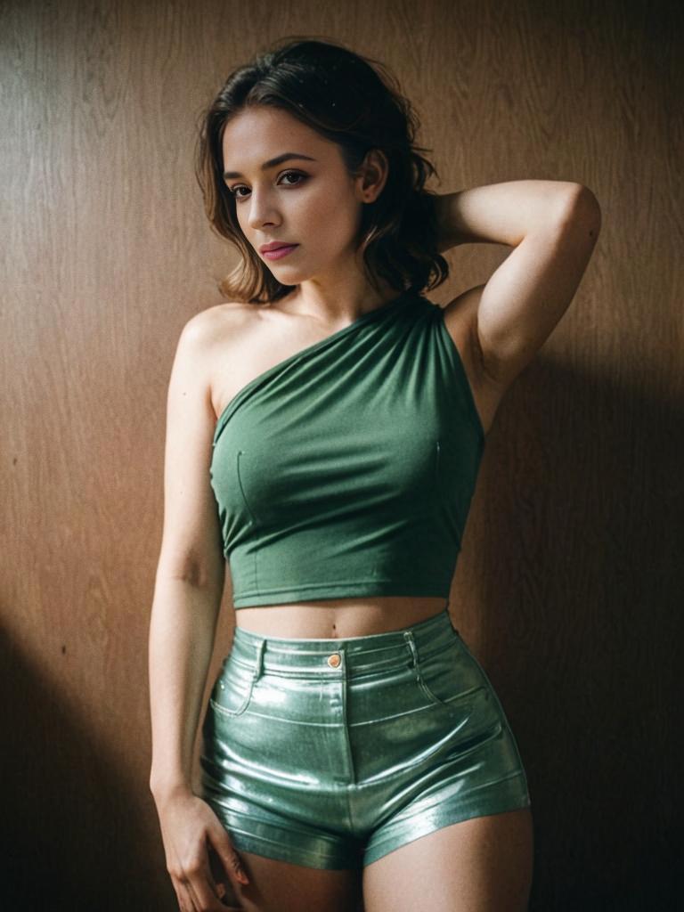 Confident Woman in Stylish Green Asymmetric Top and Metallic Shorts