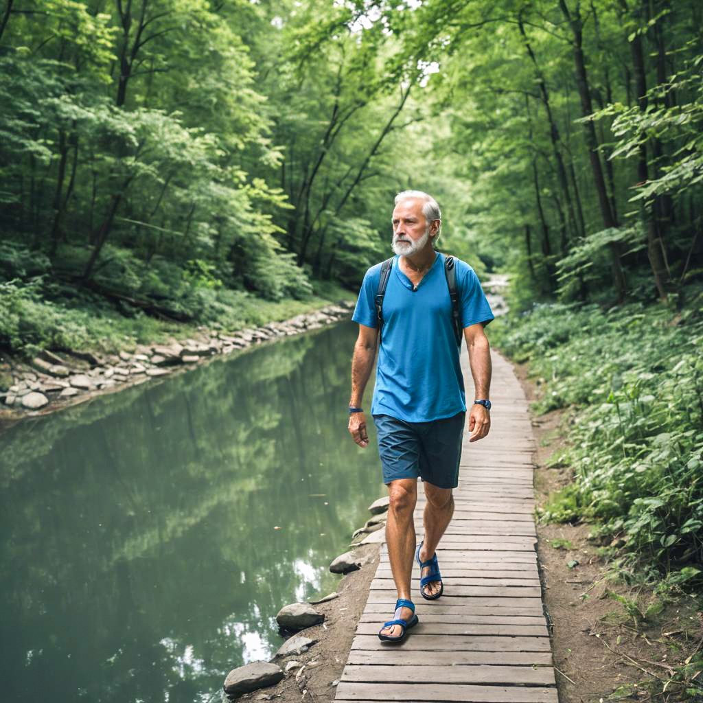 Mature Man Strolling by Tranquil River