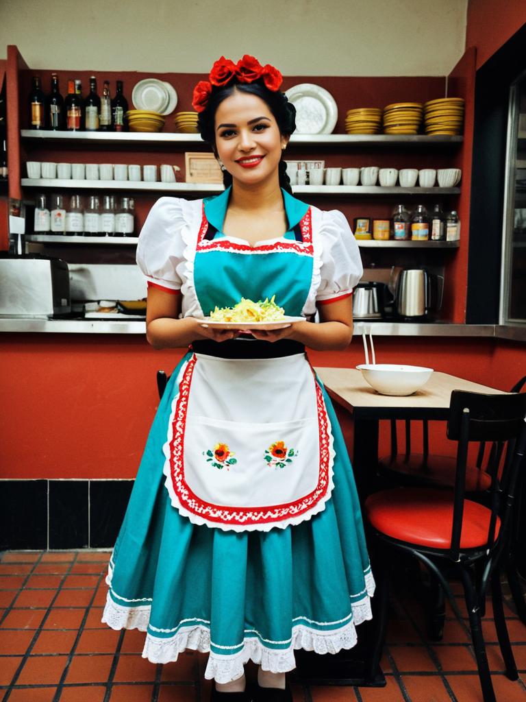 Woman in Traditional Mexican Waitress Costume Full Body Cosplay Photo with Apron