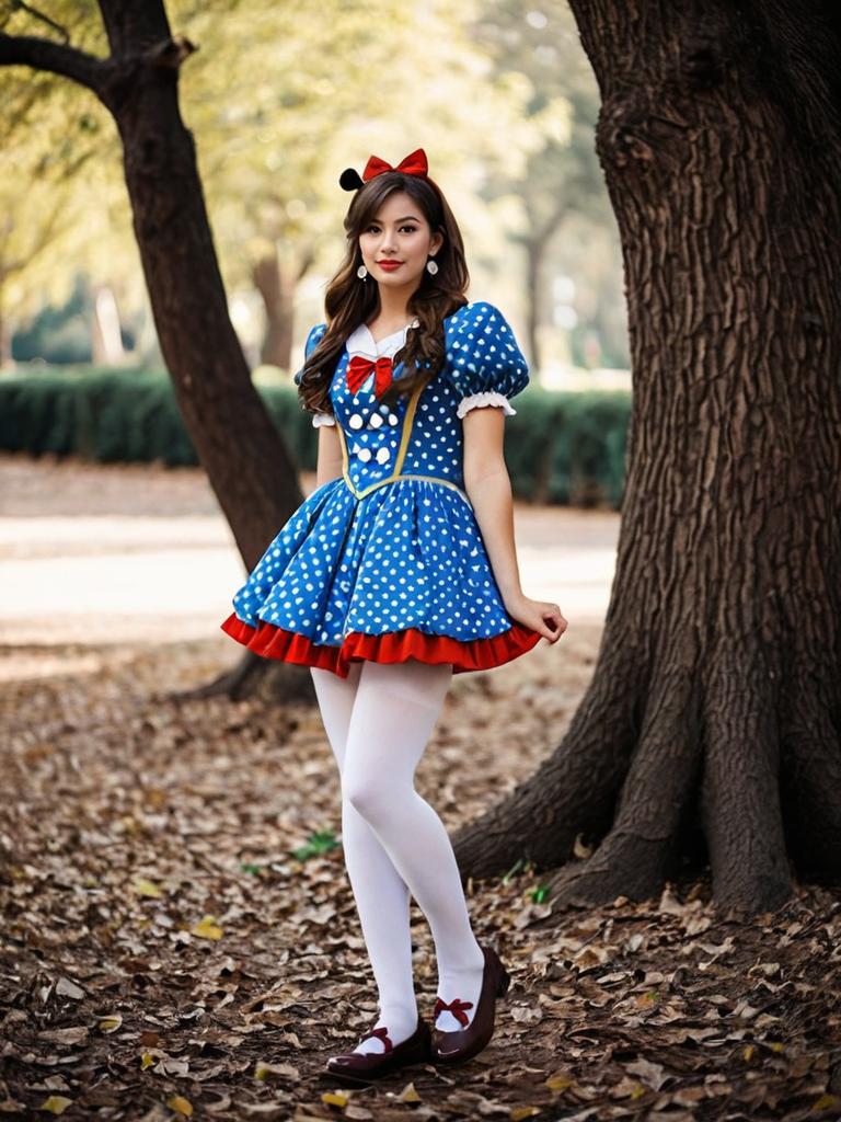 Woman in Disney Fairytale Costume Blue Polka Dot Dress with Red Bow