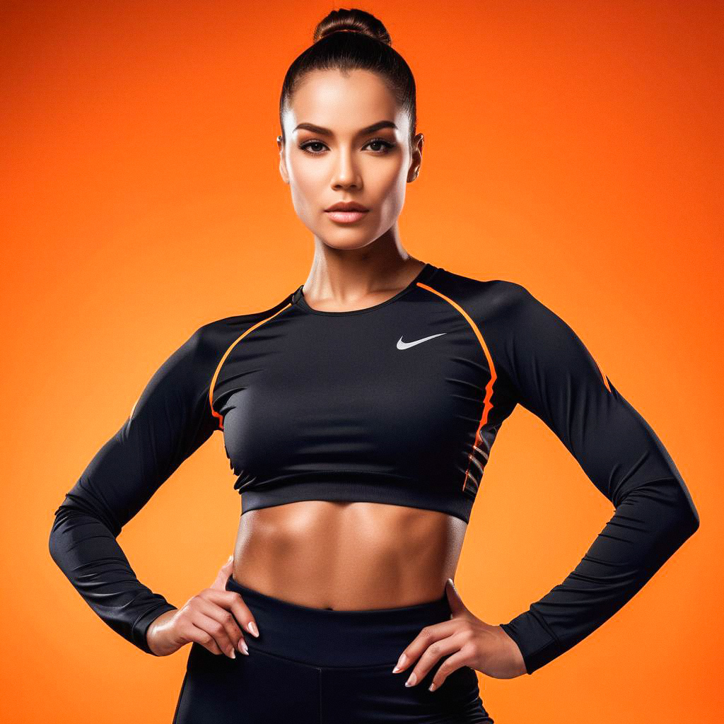 Confident Woman in Athletic Attire Against Orange Backdrop Confident Woman in Athletic Attire Against Orange Backdrop
