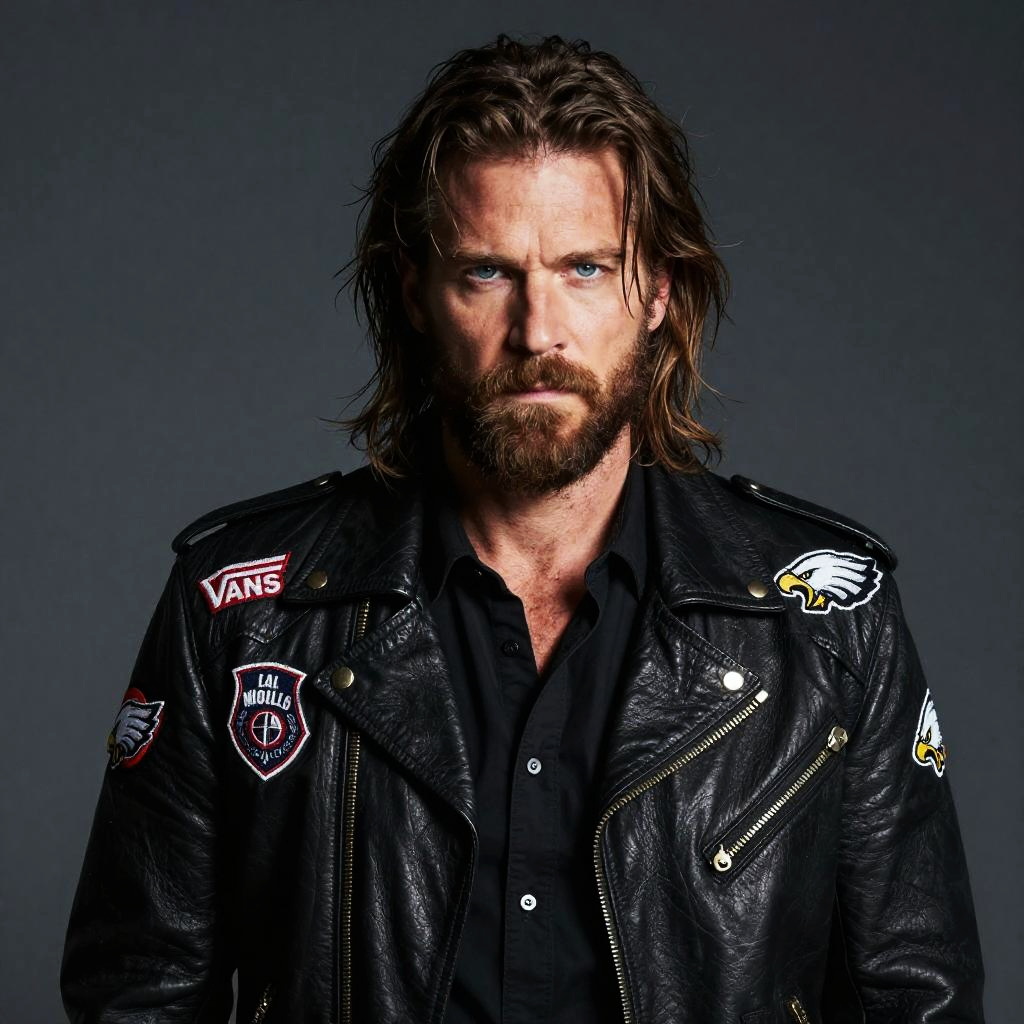 Portrait of Man in Black Leather Jacket with Patches and Beard