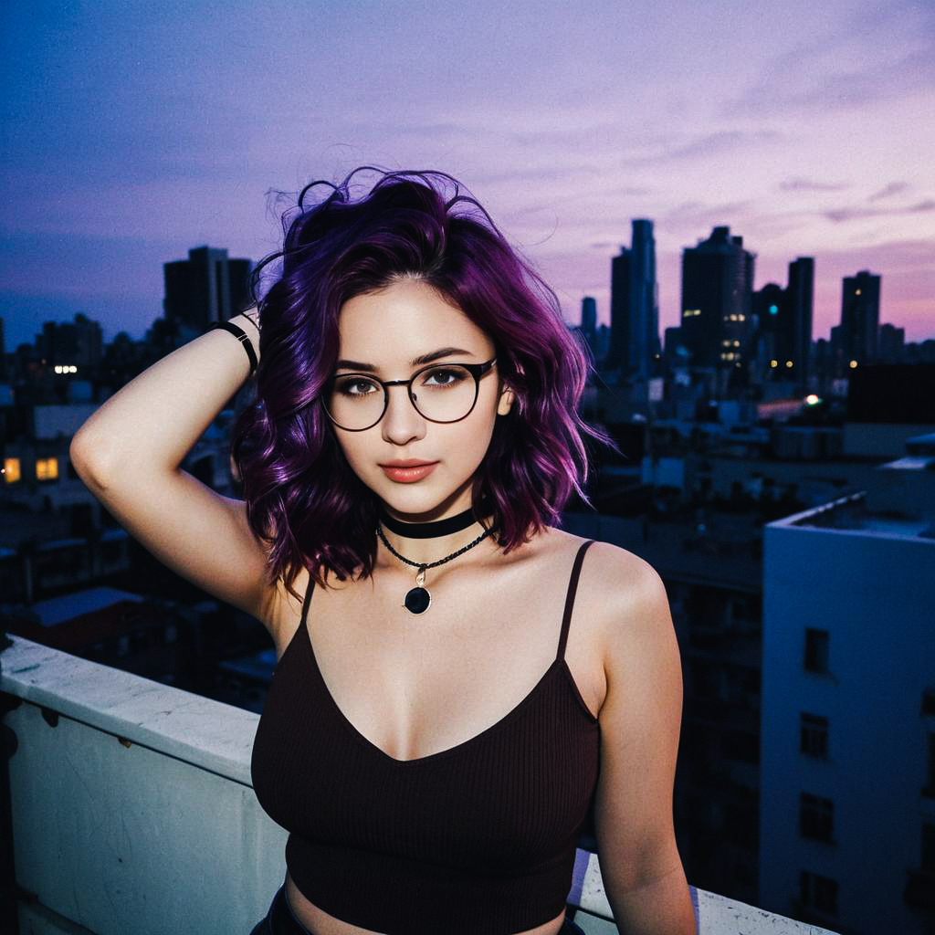 Confident Woman with Purple Hair on Rooftop at Dusk