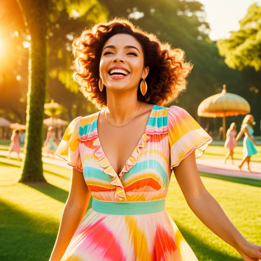 Joyful woman in vibrant summer dress