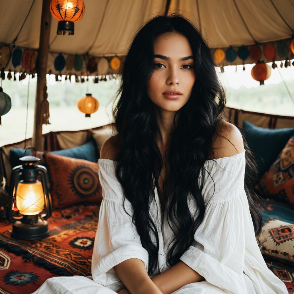 Woman in Bohemian Tent with White Dress