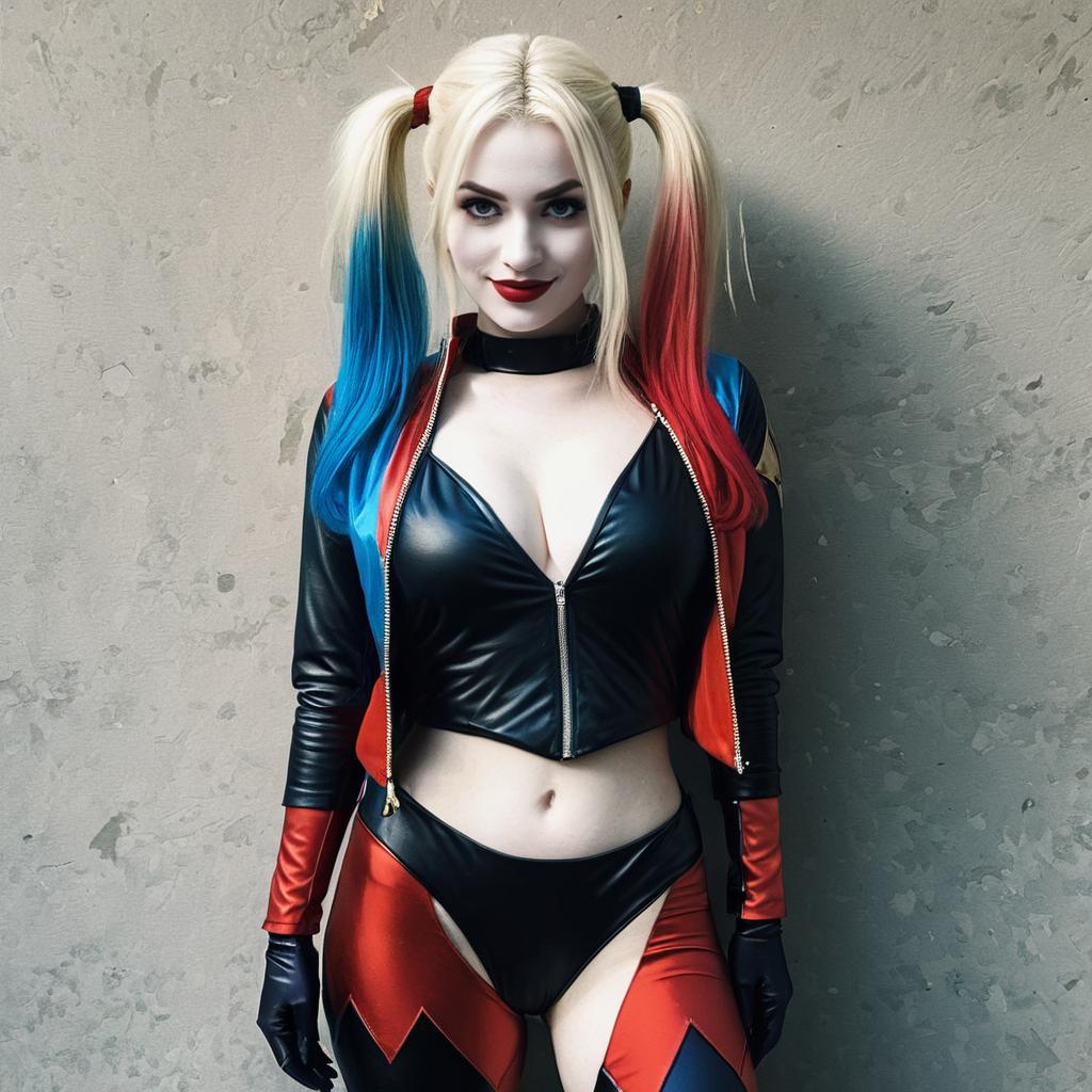 Harley Quinn Cosplay with Blue and Red Pigtails in Leather Outfit