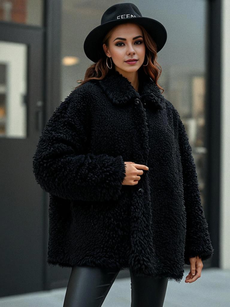 Chic Woman in Black Fuzzy Jacket and Leather Pants