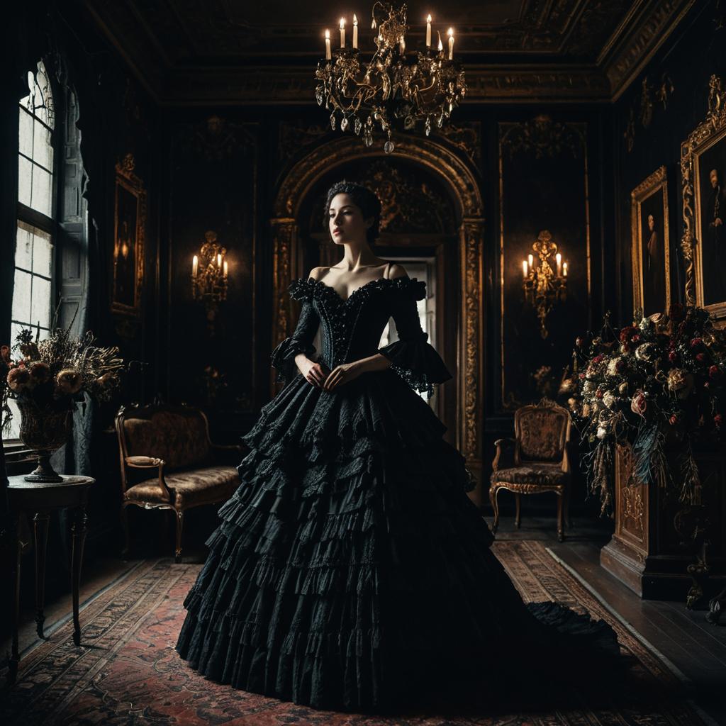 Elegant Woman in Black Victorian Gown in Ornate Baroque Interior Elegant Woman in Black Victorian Gown in Ornate Baroque Interior