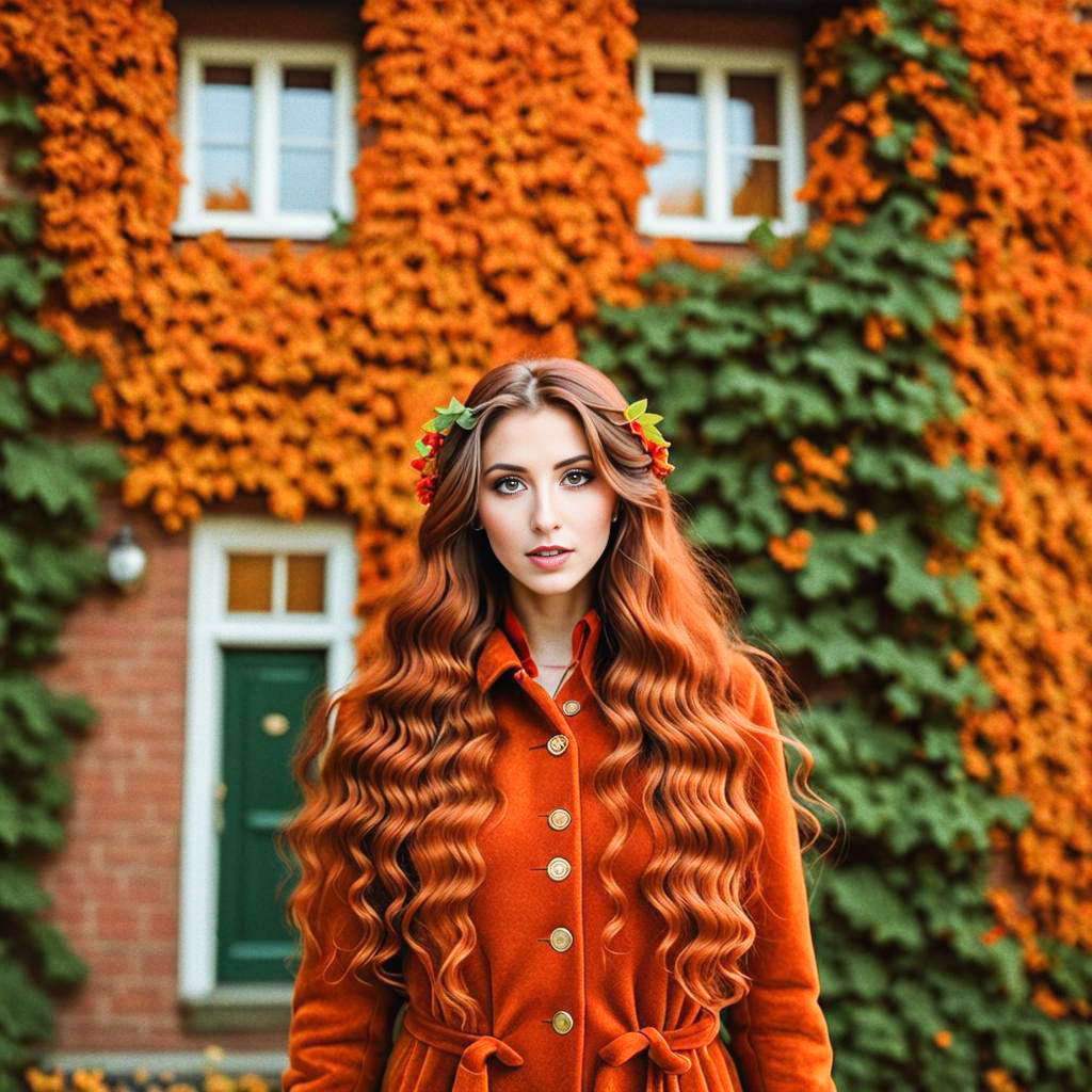 Stunning Woman in Orange Coat by Brick House in Autumn