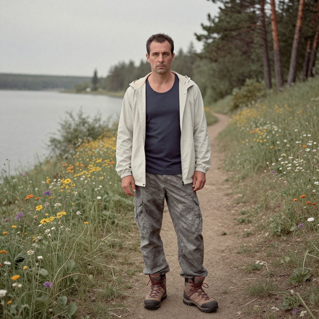 Man Wearing Hiking Boots Standing on River Trail Surrounded by Wildflowers
