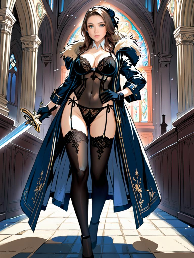 Seductive Woman with Sword in Church