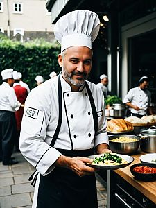 Man in Chef Costume Photorealistic Outdoor Portrait in Natural Daylight