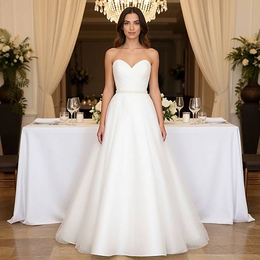 Elegant Woman in Classic Strapless White Wedding Dress at Luxurious Wedding Venue