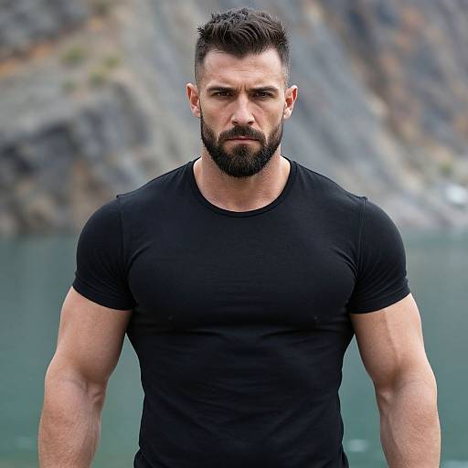 Muscular Man in Black T-Shirt Outdoors Near Water and Rocky Cliffs