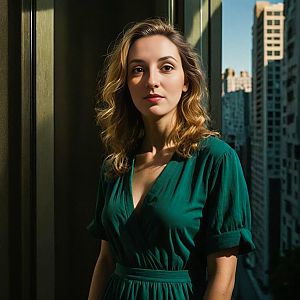 Young Woman in Green Dress by Window