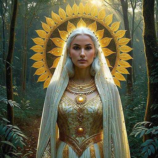 Radiant Woman in Golden Gown with Sun Halo in Mystical Forest