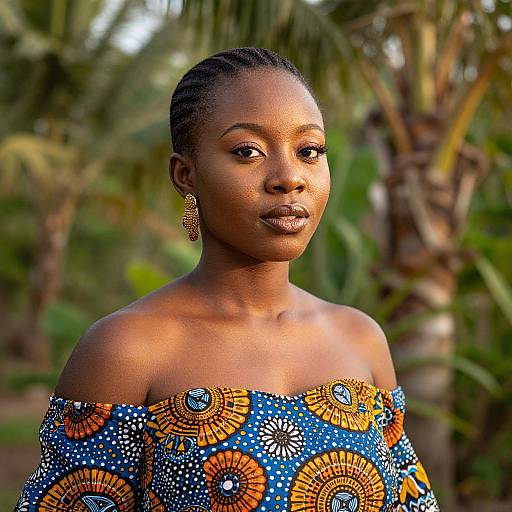 Portrait of Woman in Traditional African Pattern Dress Outdoors
