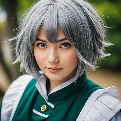 Realistic Portrait of Woman with Gray Hair in Fantasy Style Costume