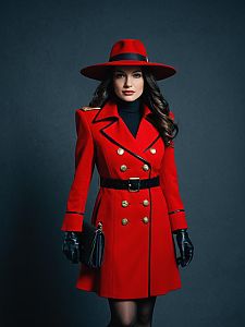 Woman in Carmen Sandiego Costume Red Coat and Hat Photorealistic Studio Portrait