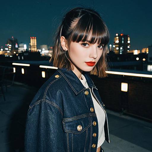 Stylish Woman in Denim Jacket on Rooftop at Night with Urban City Lights
