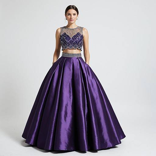 Elegant Woman in Purple Two-Piece Formal Ball Gown with Beaded Crop Top