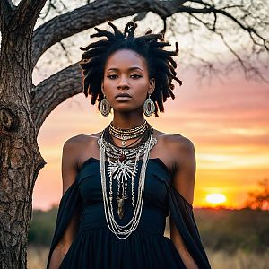 Confident Woman in Black Dress at Sunset