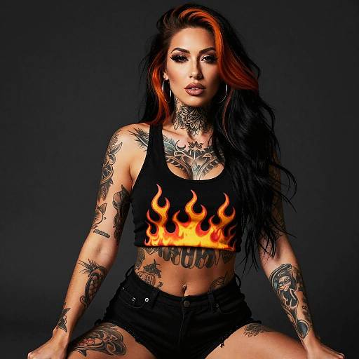 Edgy Woman with Orange and Black Hair Wearing Flame Crop Top and Tattoo Art