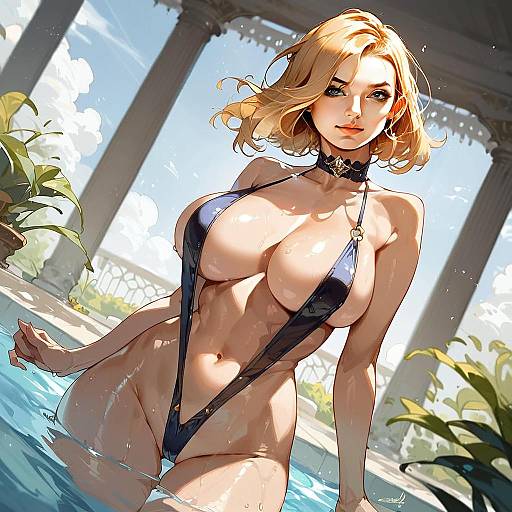Blonde Woman in Revealing Swimsuit by Poolside Digital Anime Artwork