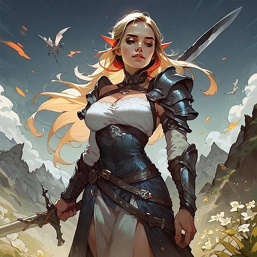Fantasy Elven Woman Warrior with Sword in Anime Style