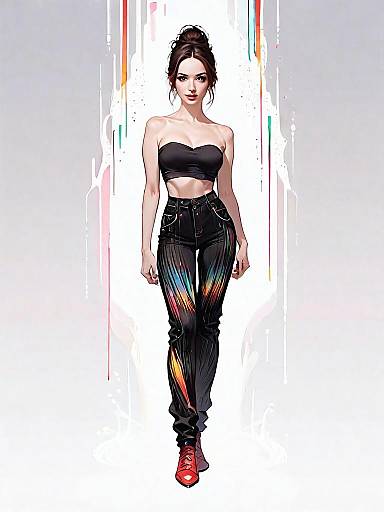 Realistic Full-Body Illustration of Woman in Bohemian Fashion with Colorful Pants
