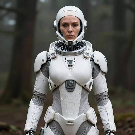 Futuristic Woman in White Robotic Exosuit in Forest Setting