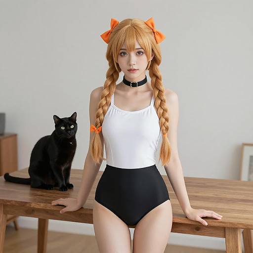 Young Woman in Stylish Swimsuit with Black Cat Indoors