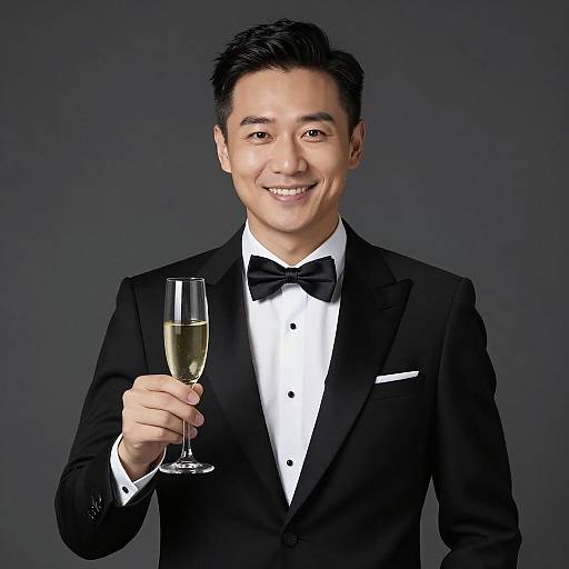 Elegant Man in Black Tuxedo Toasting with Champagne
