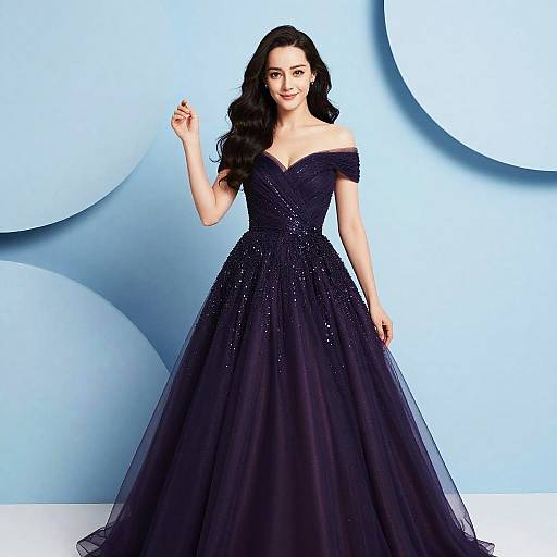 Elegant Woman Wearing Dark Purple Off-Shoulder Evening Gown
