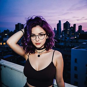 Confident Woman with Purple Hair on Rooftop at Dusk